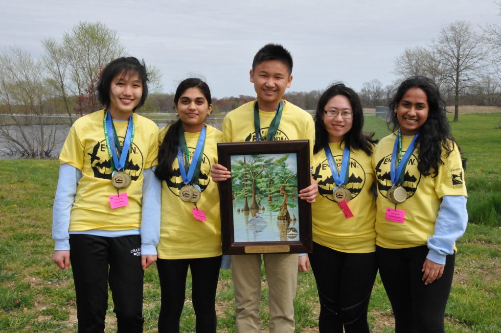 First Place in the 2019 Delaware Envirothon: Wilmington Team A, left to right: Victoria Deng, Udeerna Tippabhatla, Darren Wu, Shan Yu, and Shriya Boyapati. DNREC photo.